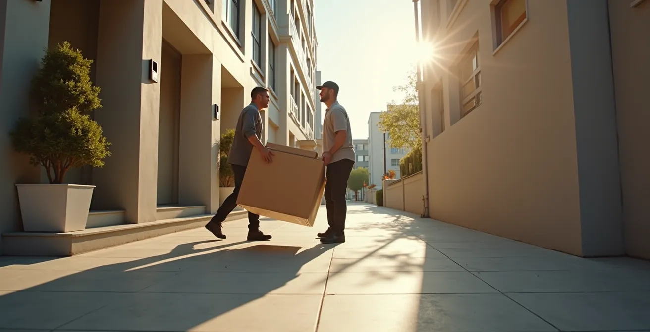 Camion de livraison devant immeuble avec livreurs